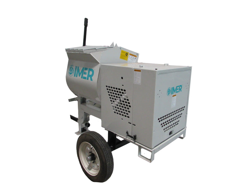 IMER HSM 6 towable mortar mixer, side view showing the paddle drum and discharge chute