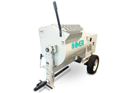 IMER HSM 8 towable mortar mixer, three-quarter view of the drum, tow bar and engine cover