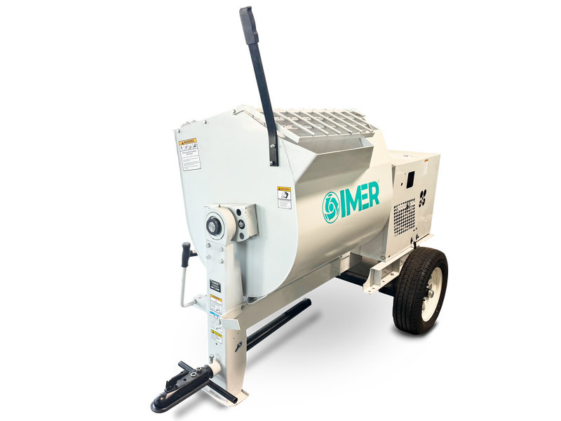 IMER HSM 8 towable mortar mixer, three-quarter view of the drum, tow bar and engine cover