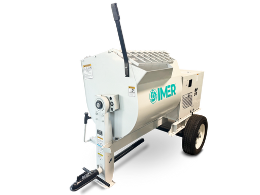 IMER HSM 8 towable mortar mixer, three-quarter view of the drum, tow bar and engine cover