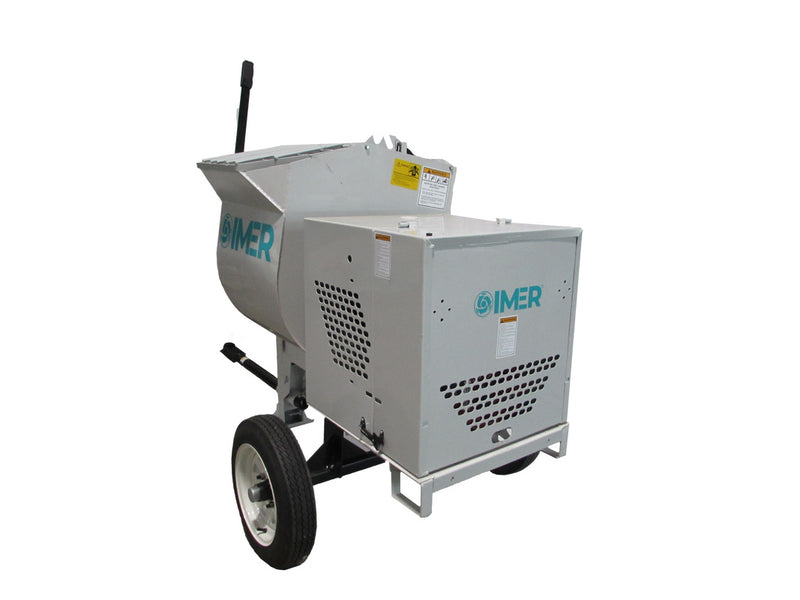 IMER HSM 8 towable mortar mixer, side view showing the paddle drum and discharge chute