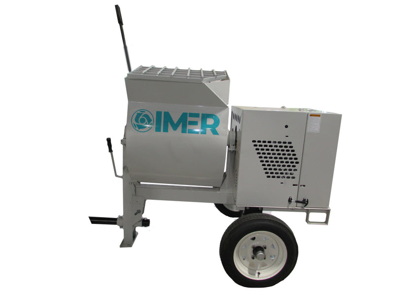 IMER HSM 8 towable mortar mixer, rear view with the grate over the drum opening