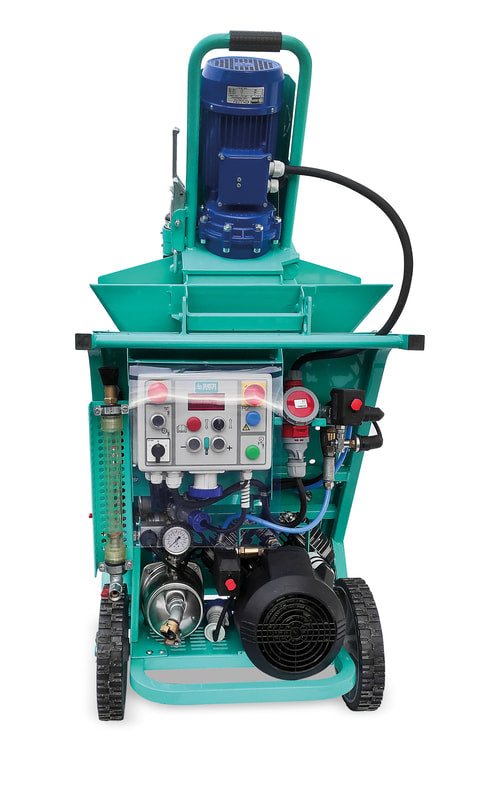 IMER Koine 3.1 continuous mortar pump, rear view with the material hose outlet