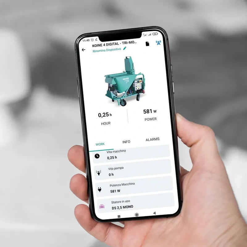 IMER Koine Dual continuous mortar pump, Bluetooth control app screen for the pump