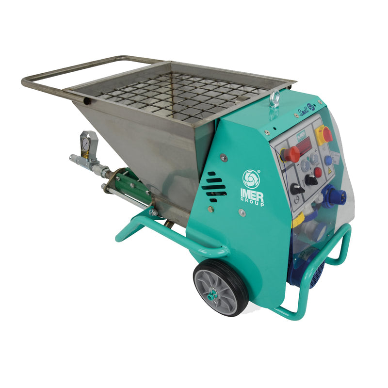 IMER Mighty Small 50 Evo portable mortar pump, side view of the hopper and pump body
