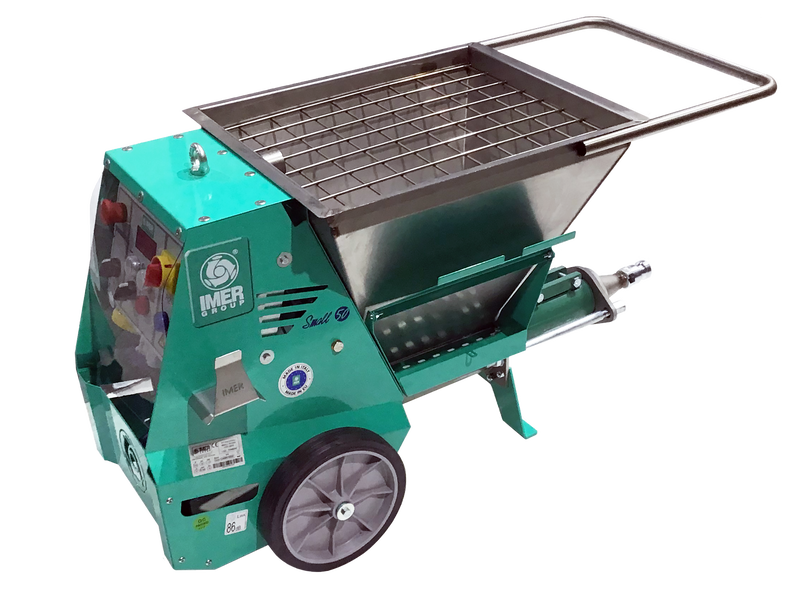 IMER Mighty Small 50 Evo portable mortar pump, front view of the hopper and pump body
