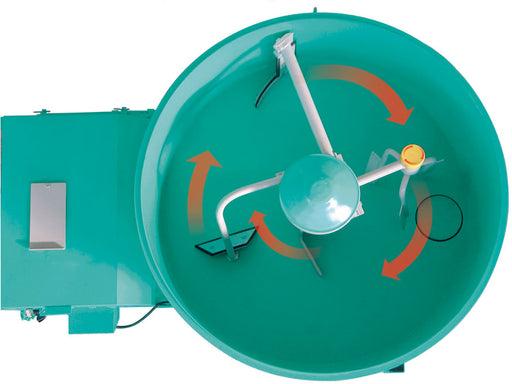 IMER Mix 360 towable vertical shaft paddle mixer, drum rotating during a mix