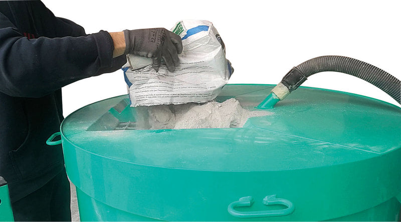 IMER Mix 360 towable vertical shaft paddle mixer, bag-breaking grate over the drum opening