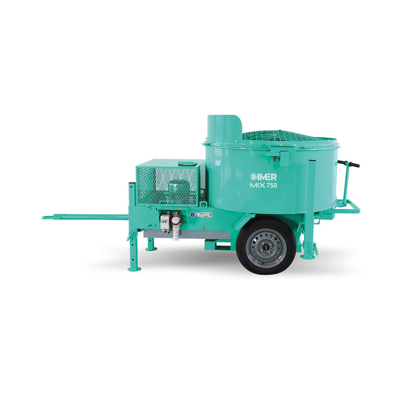 IMER Mix 750 towable vertical shaft paddle mixer, 240V single-phase electric configuration