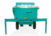 IMER Mix 750 towable vertical shaft paddle mixer, front view with the tow bar and drum