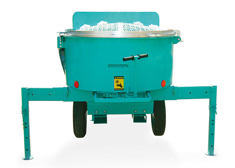 IMER Mix 750 towable vertical shaft paddle mixer, front view with the tow bar and drum