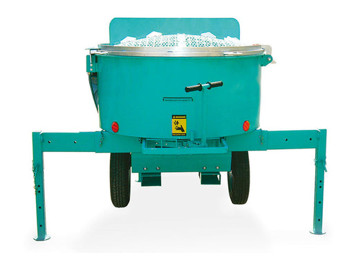 IMER Mix 750 towable vertical shaft paddle mixer, front view with the tow bar and drum