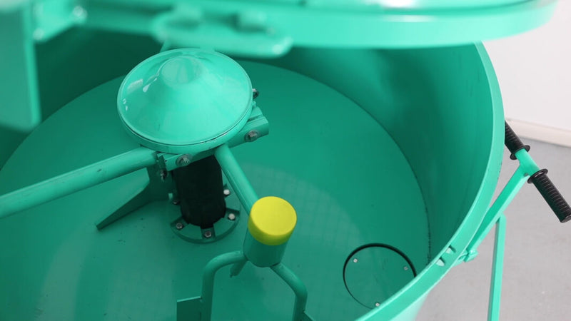 IMER Mix 750 towable vertical shaft paddle mixer, paddle arrangement inside the mixing drum
