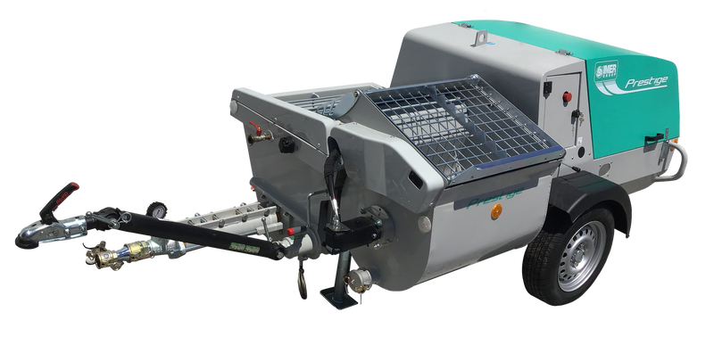 IMER Prestige 300 rotor and stator concrete pump, side view of the towable pump with the cover closed