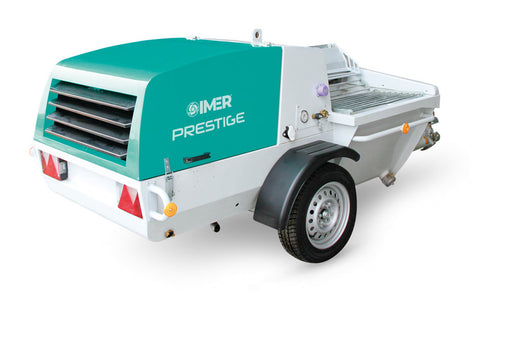 IMER Prestige 300 rotor and stator concrete pump, rear view with the material outlet and hopper