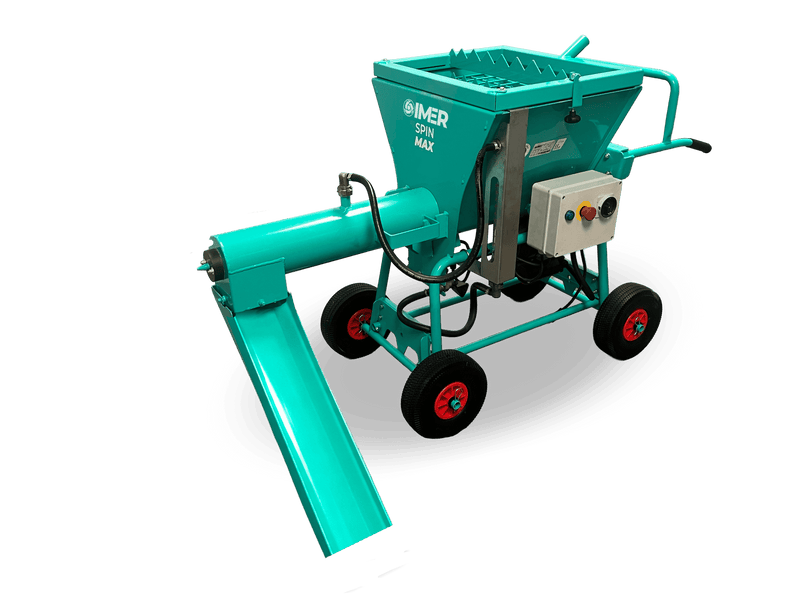 IMER Spin Max continuous mixer with hopper, removable chute, and wheelbarrow-style handle
