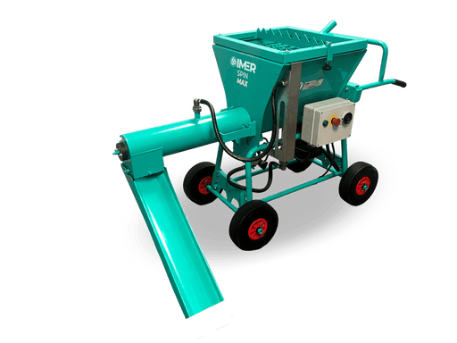 IMER Spin Max continuous mixer with hopper, removable chute, and wheelbarrow-style handle