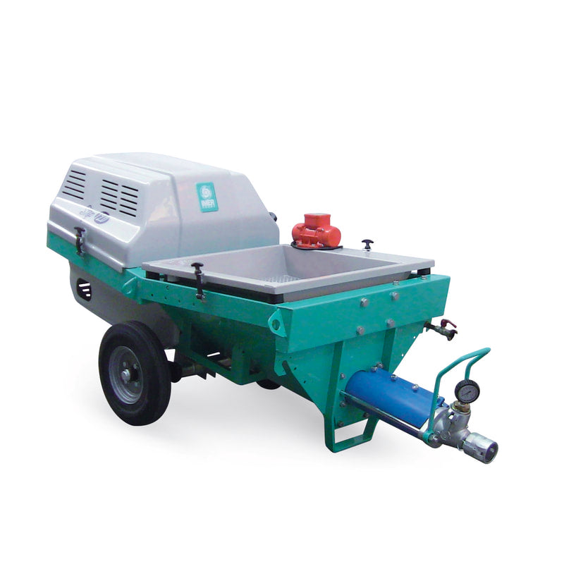 IMER Step-Up 120 towable mortar and grout pump, side view of the hopper and pumping unit