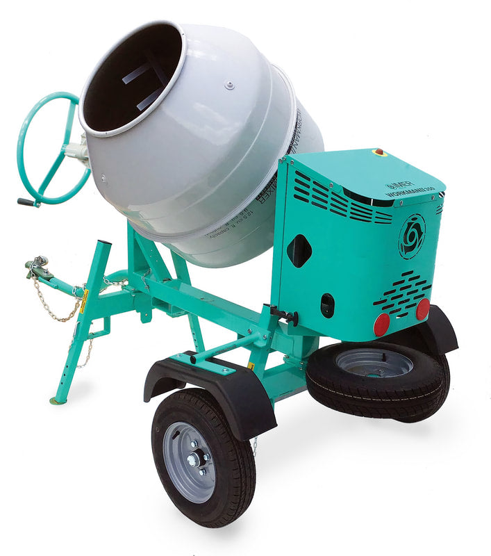 IMER Workman 250 towable concrete mixer, side view of the drum, frame and tow handle