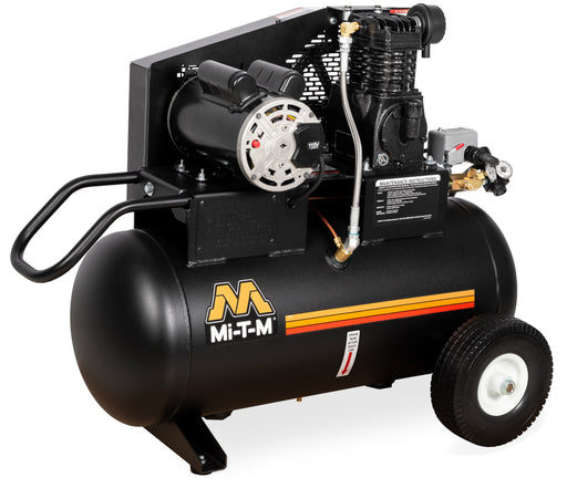 Mi-T-M 20 gallon single stage electric air compressor, horizontal tank with belt driven pump and transport wheels