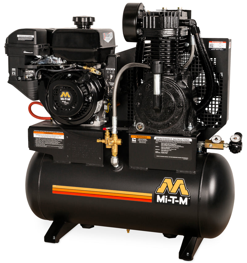 Mi-T-M 20 Gallon Two Stage Gas Air Compressor, Stationary, Mi-T-M Electric Start engine