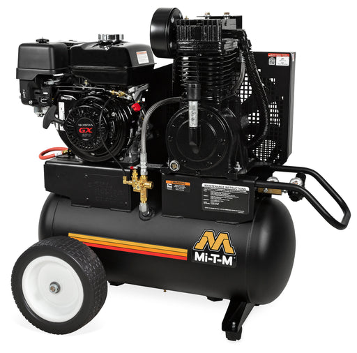 Mi-T-M 20 gallon two stage gas air compressor, horizontal tank with transport wheels