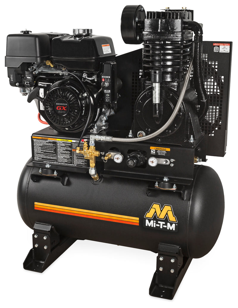 Mi-T-M gas air compressor on a 30 gallon horizontal tank with stationary mounting feet