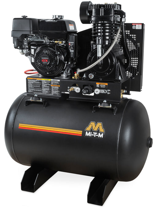 Mi-T-M gas air compressor on an 80 gallon horizontal tank with extended receiver length