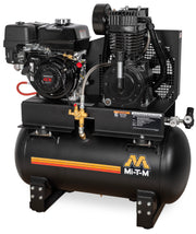 Mi-T-M two stage gas air compressor tank mounted on a horizontal 30 gallon receiver