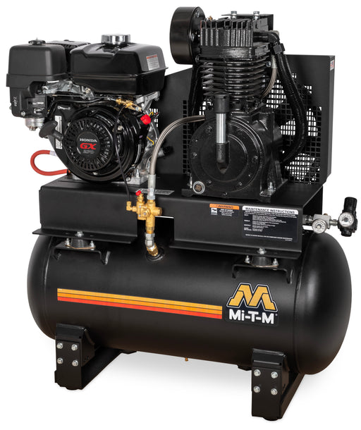 Mi-T-M two stage gas air compressor tank mounted on a horizontal 30 gallon receiver