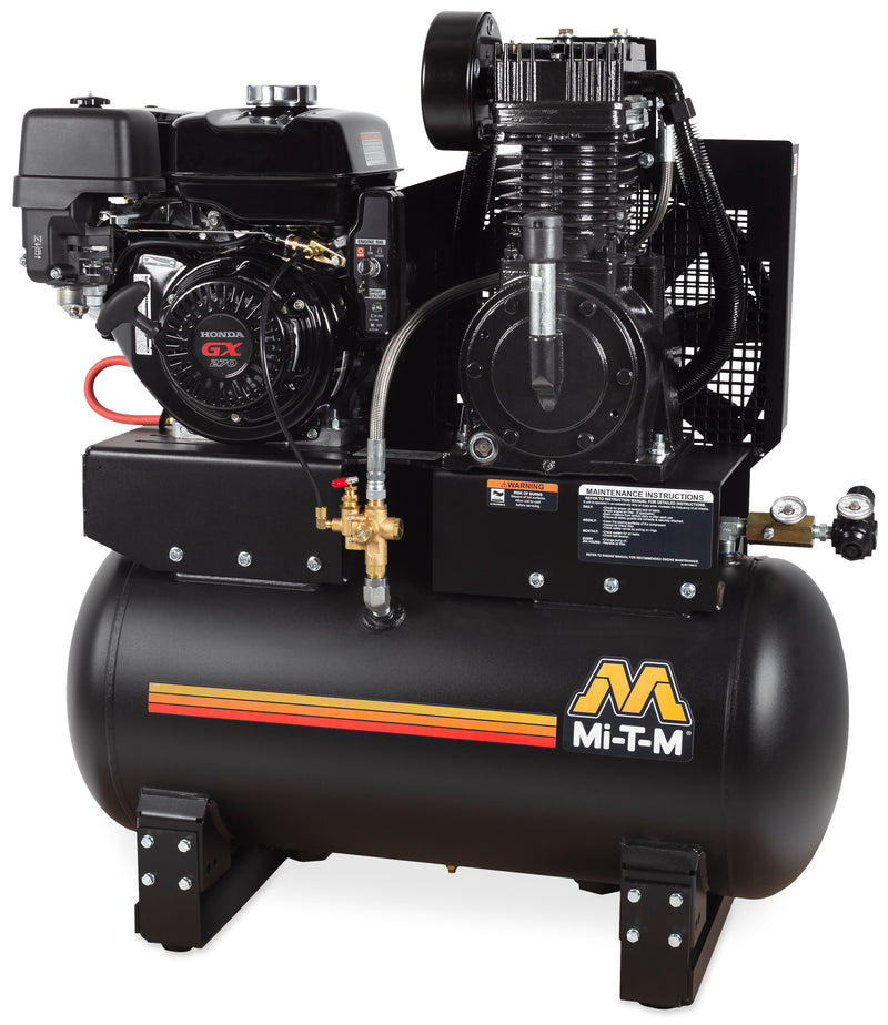 Mi-T-M 30 Gallon Base-Mount Two Stage Gas Air Compressor, Tank-Mount, Honda Electric Start engine