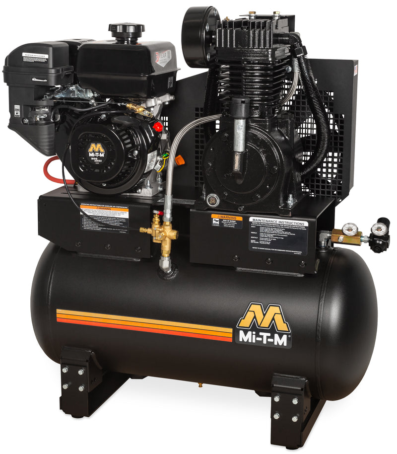 Mi-T-M 30 Gallon Base-Mount Two Stage Gas Air Compressor, Tank-Mount, Mi-T-M engine