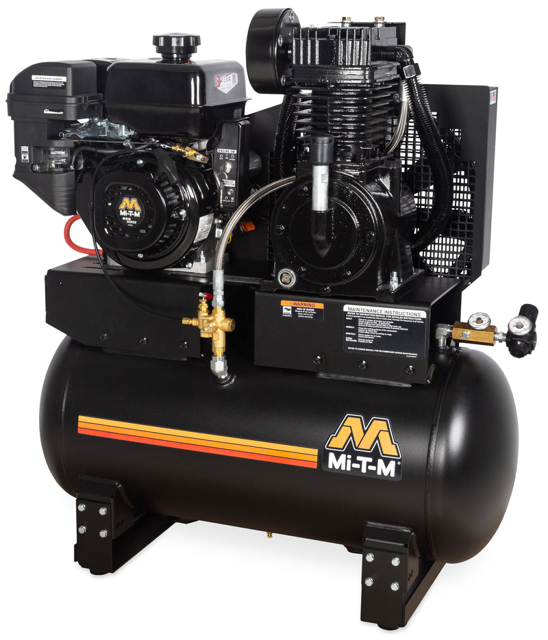 Mi-T-M 30 Gallon Base-Mount Two Stage Gas Air Compressor, Tank-Mount, Mi-T-M Electric Start engine