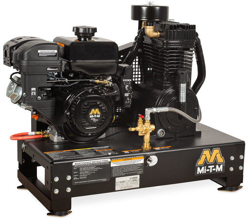 Mi-T-M two stage gas air compressor, bare base mount assembly on a skid frame with no tank