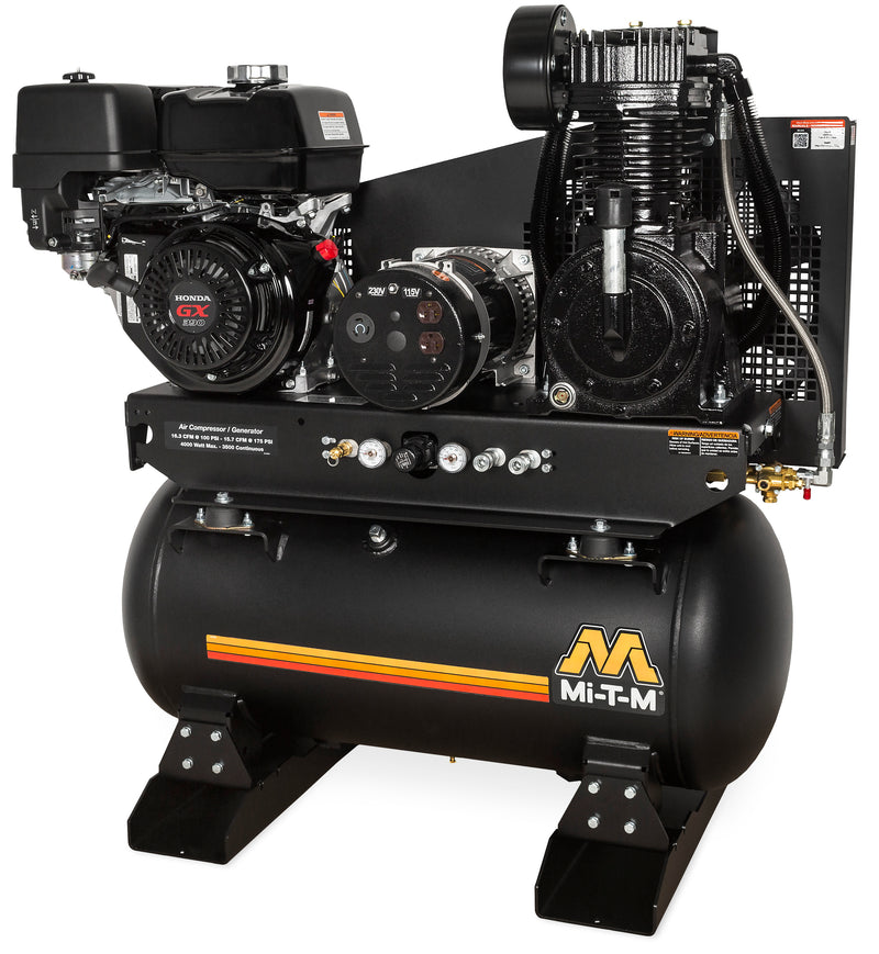 Mi-T-M 30 gallon two stage air compressor generator combo, horizontal tank with stationary feet