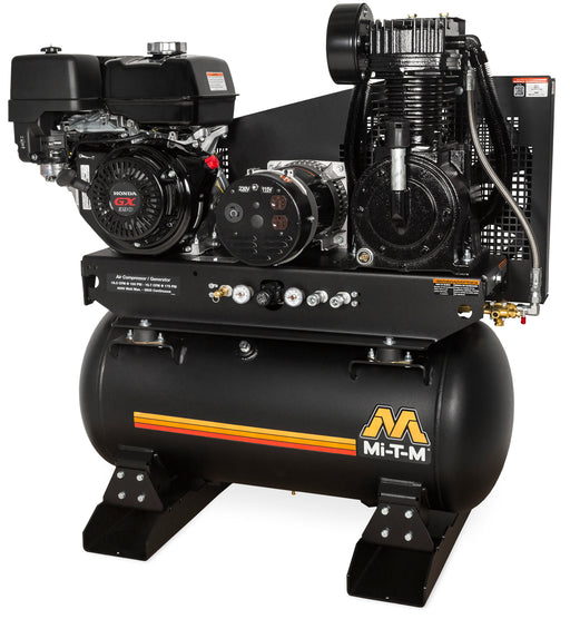 Mi-T-M 30 gallon two stage air compressor generator combo, horizontal tank with stationary feet