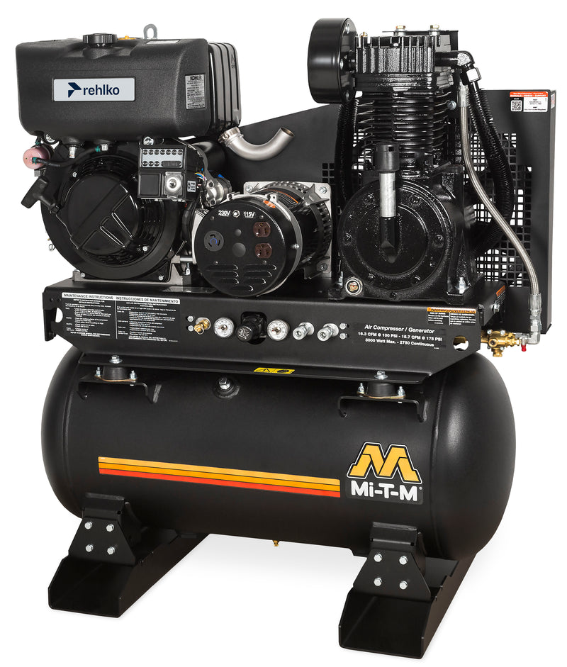 Mi-T-M 30 gallon two stage diesel air compressor generator combo, horizontal tank with stationary feet