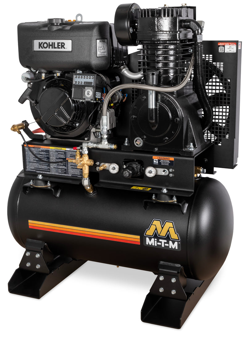 Mi-T-M 30 gallon two stage diesel air compressor, horizontal tank with stationary mounting feet