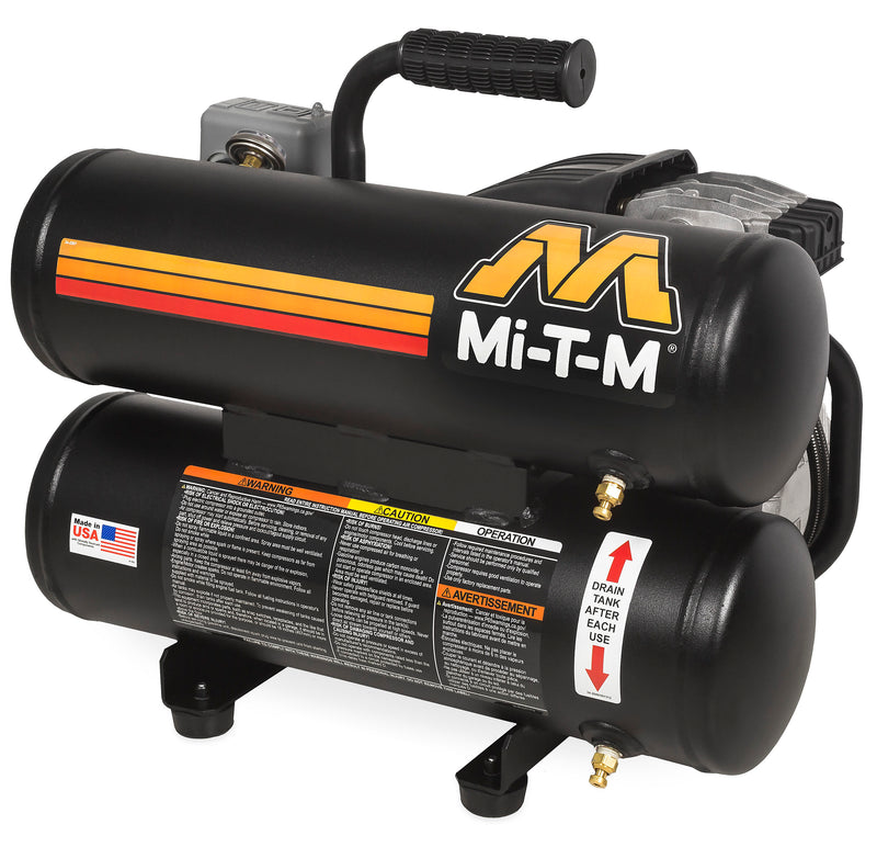 Mi-T-M 5 gallon single stage electric air compressor, stacked twin tank hand carry design