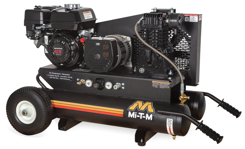 Mi-T-M 8 gallon single stage air compressor generator combo on a wheelbarrow frame