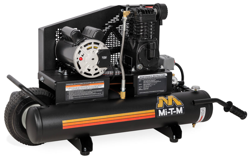 Mi-T-M 8 gallon single stage electric air compressor on a wheelbarrow frame with belt driven pump