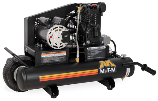 Mi-T-M 8 gallon single stage electric air compressor on a wheelbarrow frame with belt driven pump