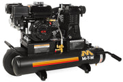 Mi-T-M 8 gallon single stage gas air compressor, twin tank wheelbarrow frame with belt driven pump