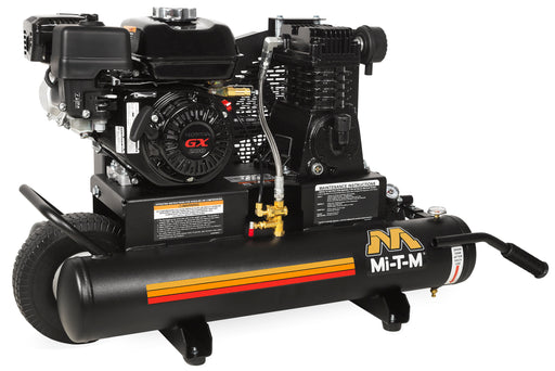 Mi-T-M 8 gallon single stage gas air compressor, twin tank wheelbarrow frame with belt driven pump