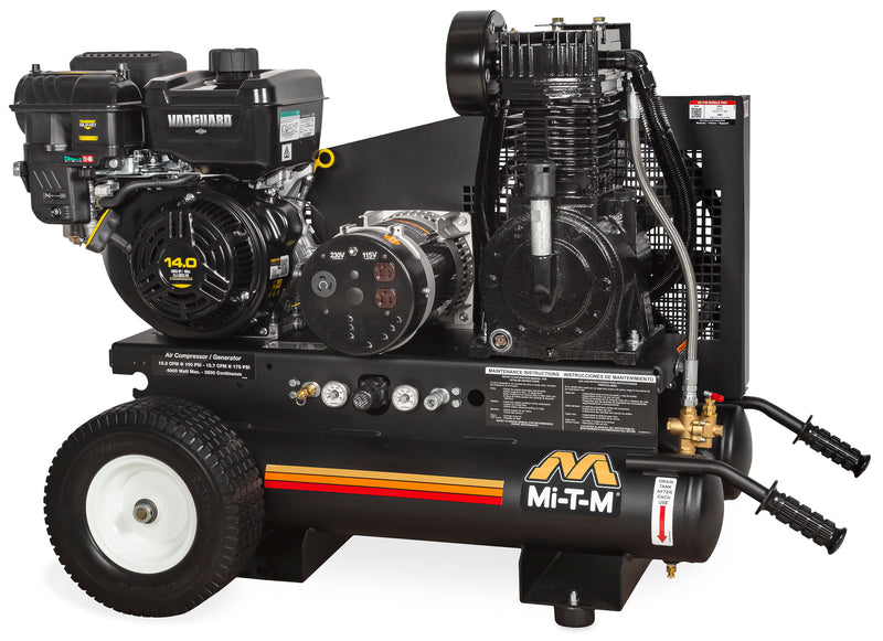 Mi-T-M 8 gallon two stage air compressor generator combo on a wheelbarrow frame