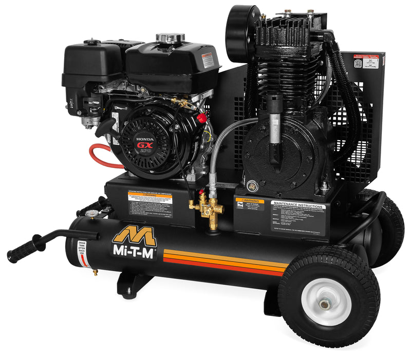 Mi-T-M 8 gallon two stage gas air compressor, twin tank wheelbarrow frame with cast iron pump