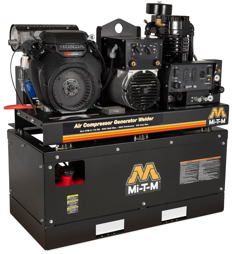 Mi-T-M air compressor generator welder combo unit on an enclosed steel base