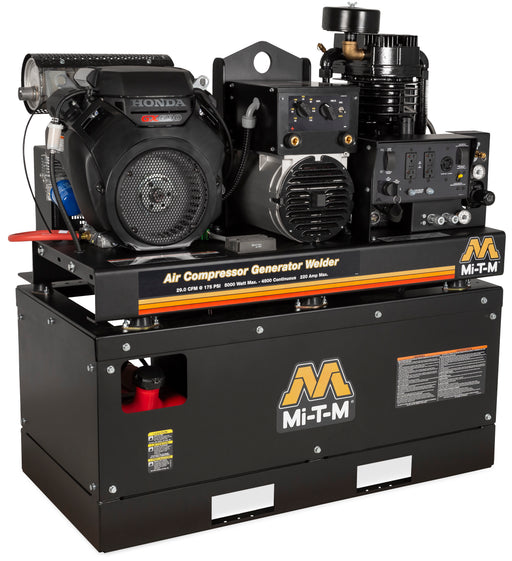Mi-T-M air compressor generator welder combo unit on an enclosed steel base