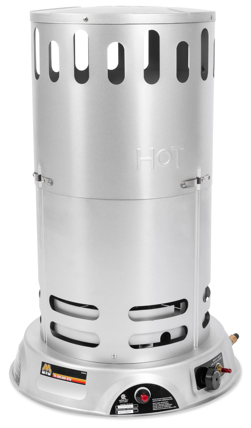 Mi-T-M gas fired convection heater, taller cylindrical steel body with base mounted controls