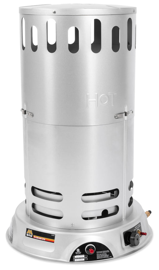 Mi-T-M gas fired convection heater, taller cylindrical steel body with base mounted controls